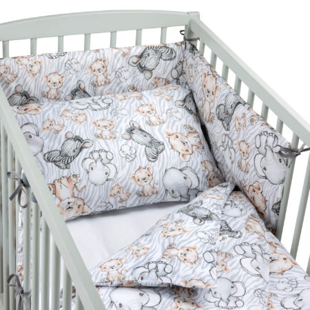 bawełniany zestaw szarej w lwy zebry i słonie pościeli i łóżeczko dziecięce z zamontowanymi ochraniaczami