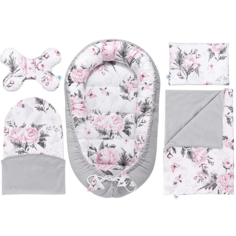 Wyprawka niemowlęca 5-elementowa - Pink Flowers grey - bawełna/velvet