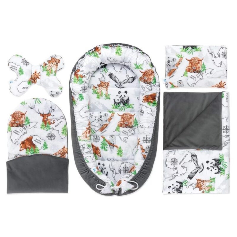 Wyprawka niemowlęca 5-elementowa - Wild Land dark grey - bawełna/velvet