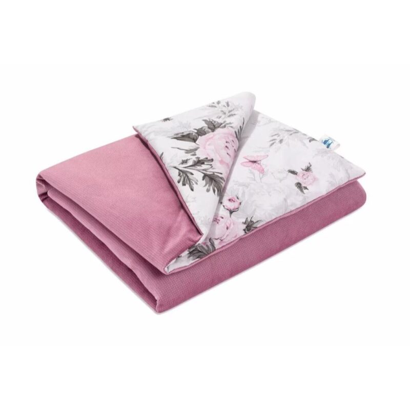 Zestaw kocyk 75×100 i poduszka 30×40 Pink Flowers z velvetem old rosa - obrazek 2