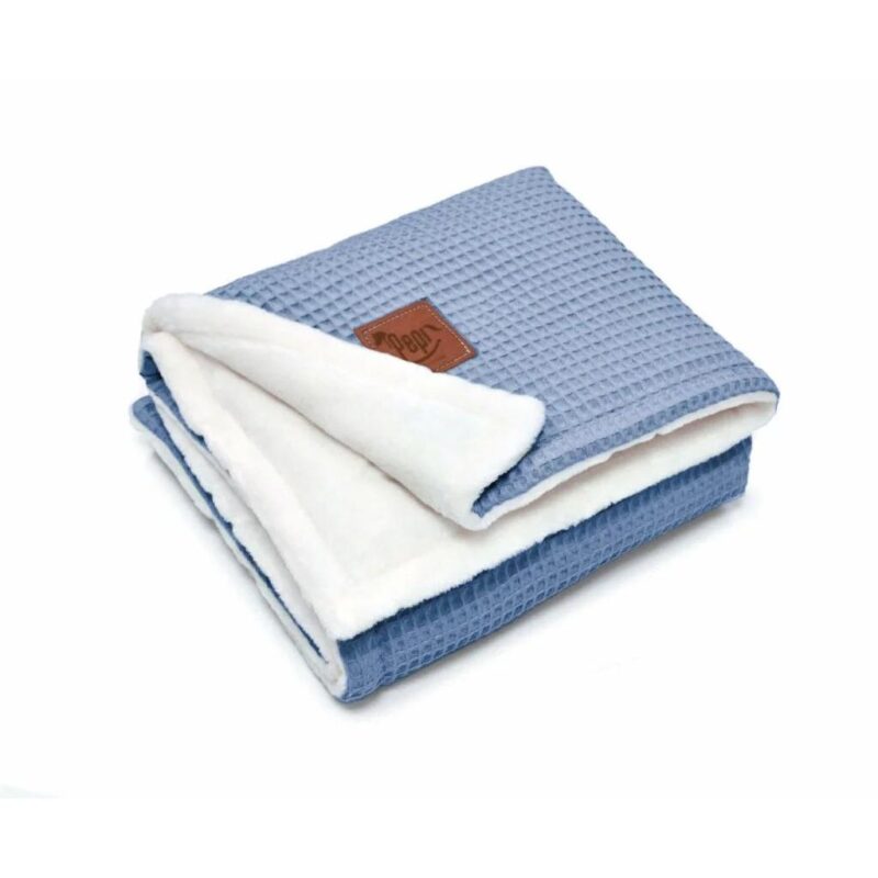 Dwustronny kocyk 55×75 z polaru minky i wafla jeans