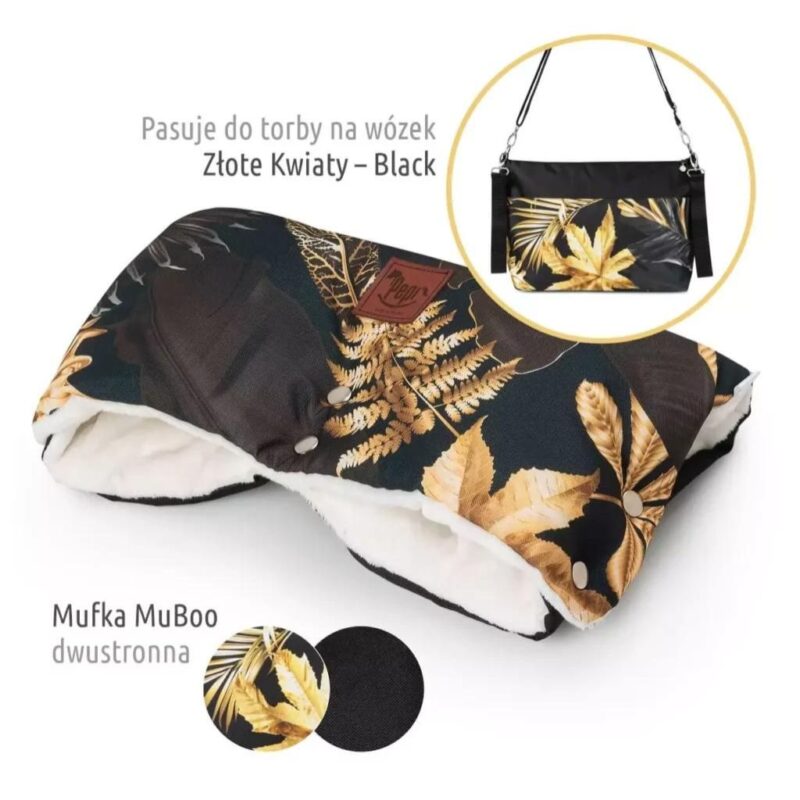 Mufka do wózka MuBoo – Złote Kwiaty – black - obrazek 2