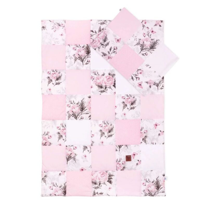 Kołderka patchwork 100×140 z poszewką na poduszkę 40×60 Pink Flowers - obrazek 2