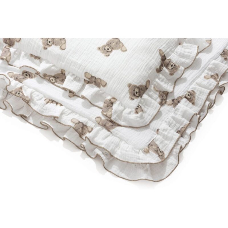 Zestaw Muślinowy z falbankami Premium kocyk 75×100 i poduszka 30×40 Sweet Teddy - obrazek 5