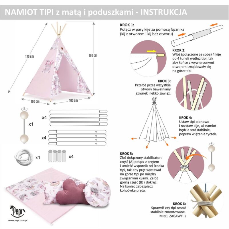 Namiot TIPI dla dzieci Wigwam z okienkiem Eledreams Pink - zestaw z matą i 3 poduszkami + GRATIS stabilizator - obrazek 10