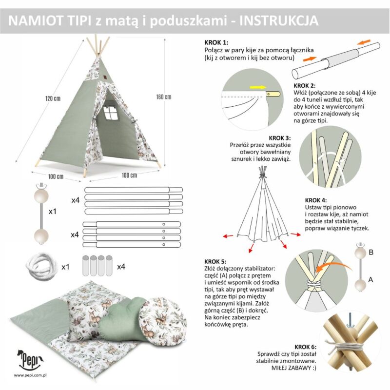 Namiot TIPI dla dzieci Wigwam z okienkiem Green Groove - zestaw z matą i 3 poduszkami + GRATIS stabilizator - obrazek 9
