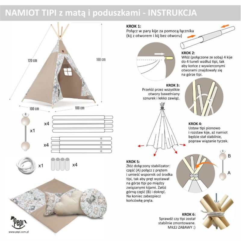 Namiot TIPI dla dzieci Wigwam z okienkiem Safari - zestaw z matą i 3 poduszkami + GRATIS stabilizator - obrazek 9
