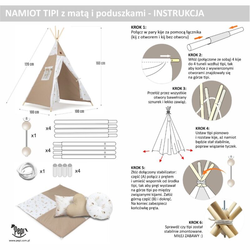 Namiot TIPI dla dzieci Wigwam z okienkiem Lovely Bird - zestaw z matą i 3 poduszkami + GRATIS stabilizator - obrazek 10
