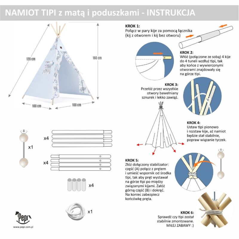 Namiot TIPI dla dzieci Wigwam z okienkiem Eledreams Blue + GRATIS stabilizator - obrazek 6