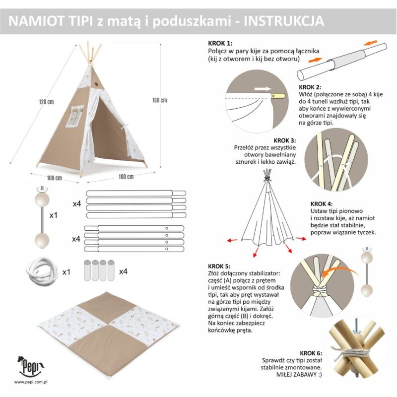 Namiot TIPI dla dzieci Wigwam z okienkiem Lovely Bird - zestaw z matą + GRATIS stabilizator - obrazek 8