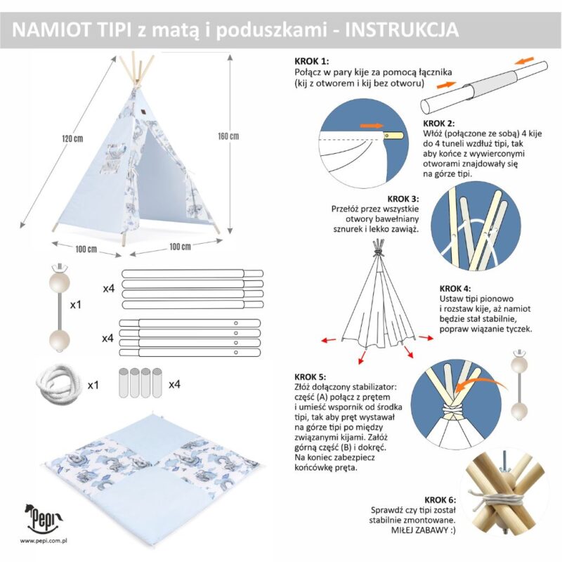 Namiot TIPI dla dzieci Wigwam z okienkiem Eledreams Blue - zestaw z matą + GRATIS stabilizator - obrazek 7