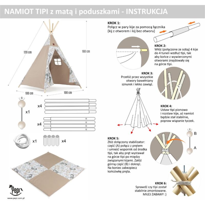 Namiot TIPI dla dzieci Wigwam z okienkiem Safari - zestaw z matą + GRATIS stabilizator - obrazek 7