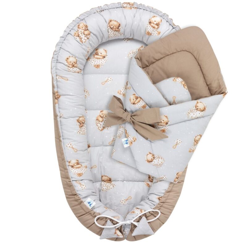 Zestaw kokon z rożkiem - Sleeping Teddy Bear cappucino - bawełna