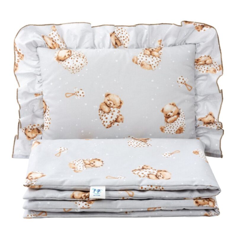 Zestaw pościeli z falbanką - poduszka 25×35 i kocyk 55×75 z bawełny z wypełnieniem - Sleeping Teddy Bear