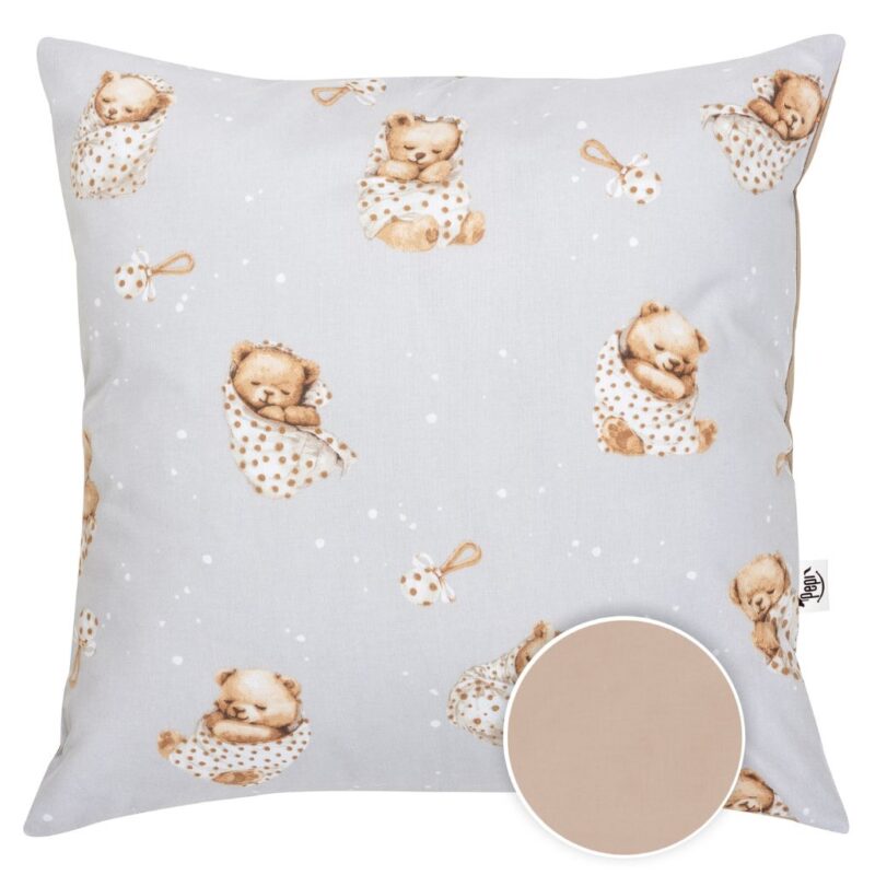 Bawełniana poszewka 40x40 na poduszkę z suwakiem Sleeping Teddy Bear cappucino