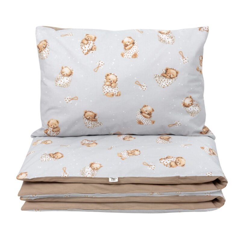 Zestaw 4-elementowy pościeli do łóżeczka 90×120 z prześcieradłem i ochraniaczem Sleeping Teddy Bear cappucino - obrazek 2