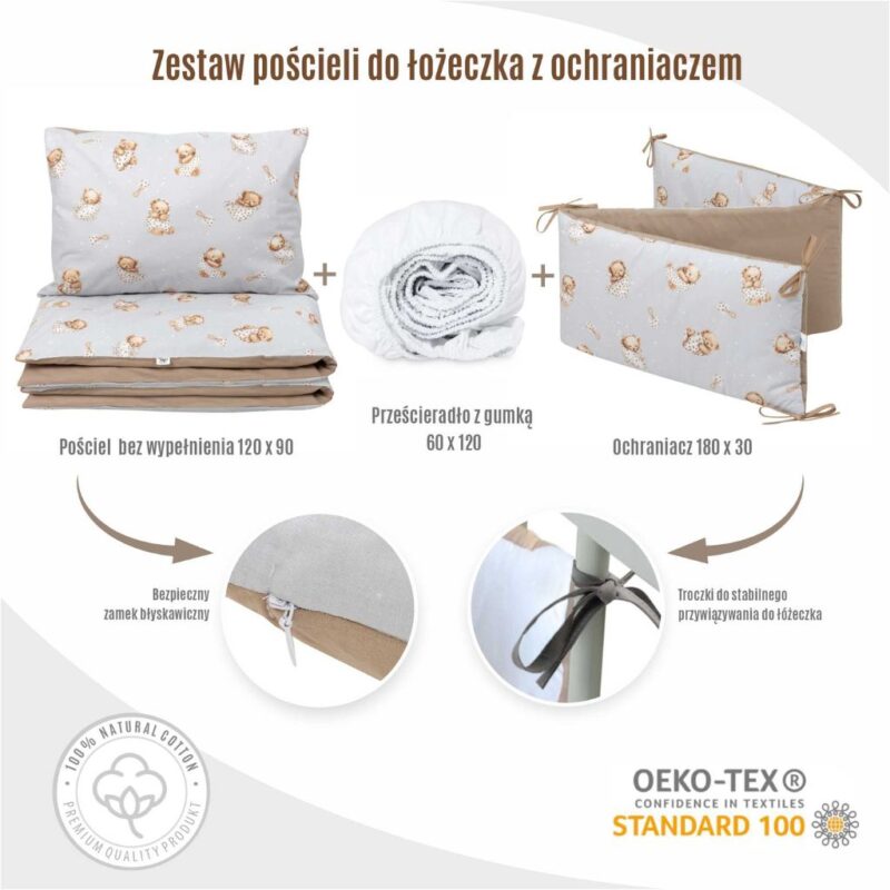 Zestaw 4-elementowy pościeli do łóżeczka 90×120 z prześcieradłem i ochraniaczem Sleeping Teddy Bear cappucino - obrazek 6