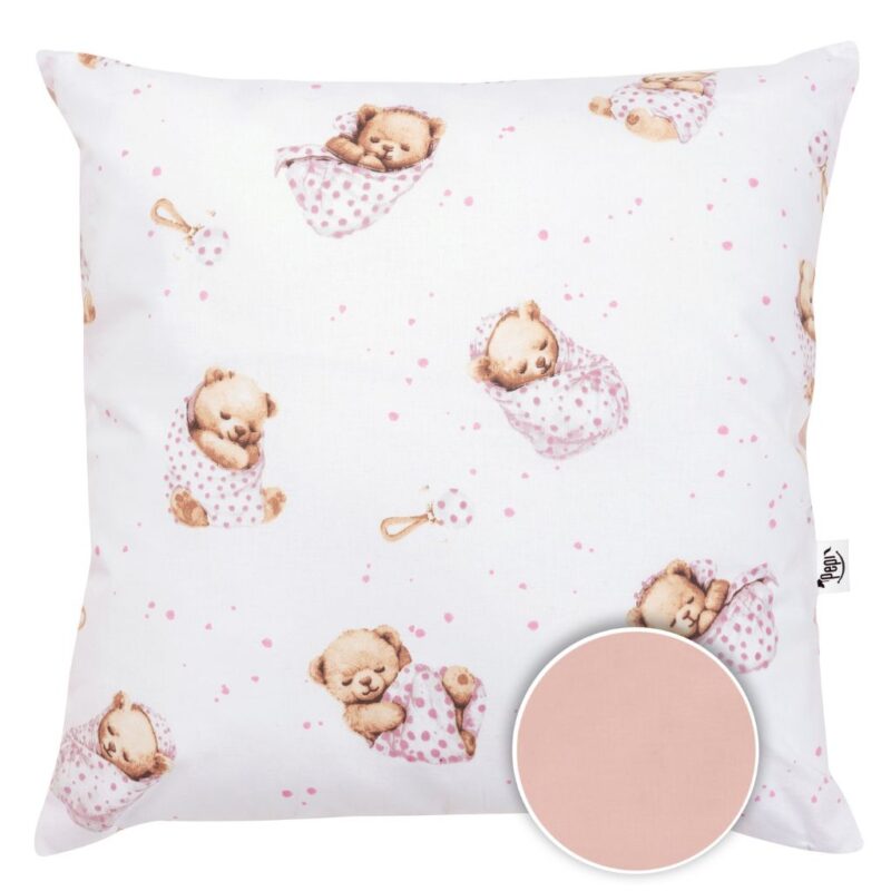 Bawełniana poszewka 40x40 na poduszkę z suwakiem White Sleeping Teddy Bear pink