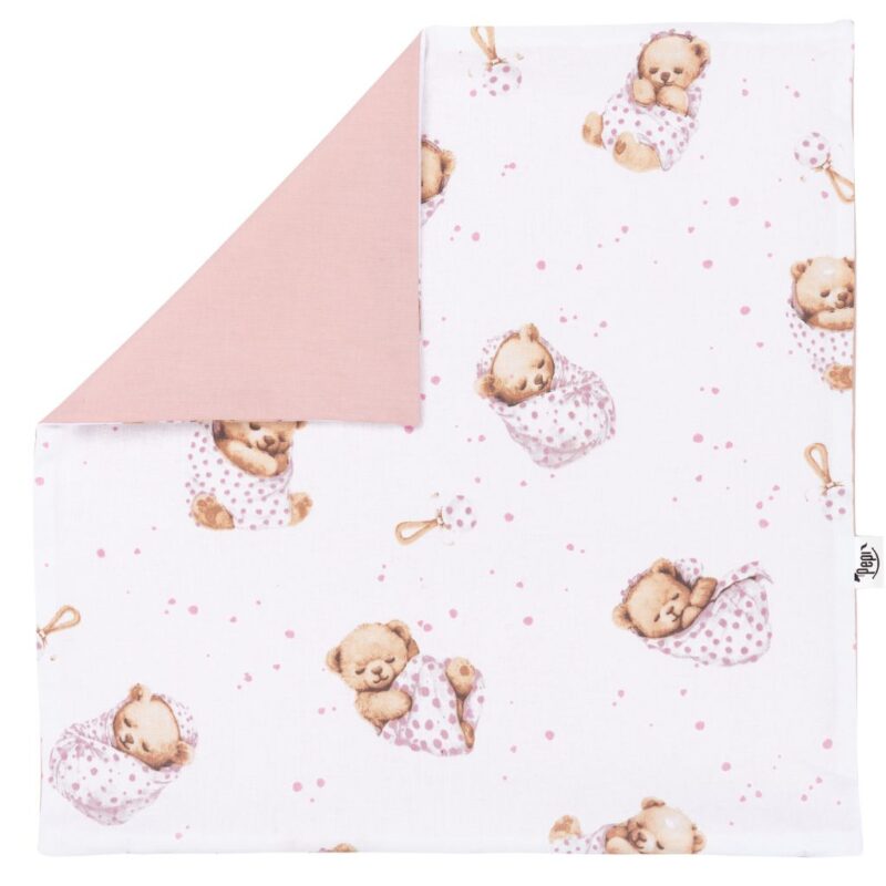 Bawełniana poszewka 40x40 na poduszkę z suwakiem White Sleeping Teddy Bear pink - obrazek 2
