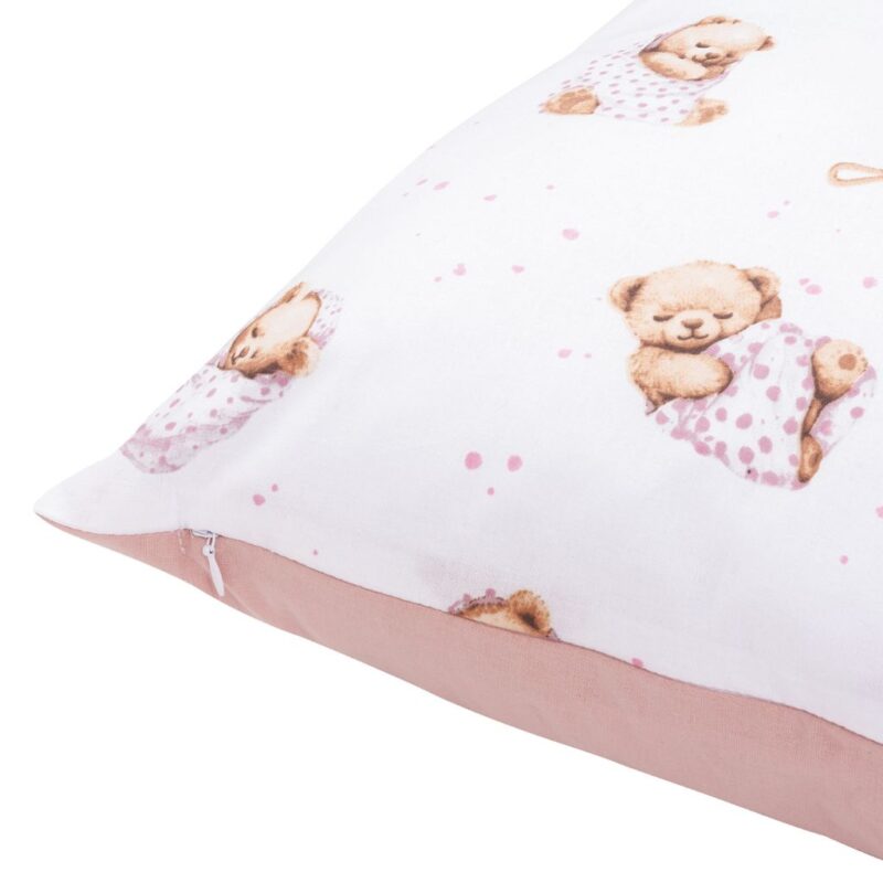 Bawełniana poszewka 40x40 na poduszkę z suwakiem White Sleeping Teddy Bear pink - obrazek 3