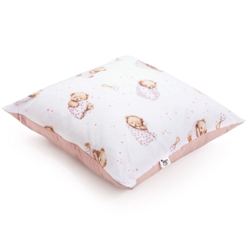 Bawełniana poszewka 40x40 na poduszkę z suwakiem White Sleeping Teddy Bear pink - obrazek 4