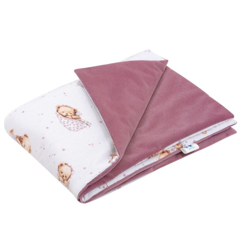 Zestaw poduszka 25x35 i kocyk 55x75 - White Sleeping Teddy Bear - bawełna/velvet - obrazek 2