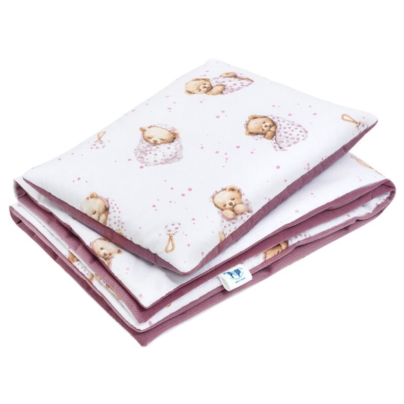 Zestaw poduszka 25x35 i kocyk 55x75 - White Sleeping Teddy Bear - bawełna/velvet