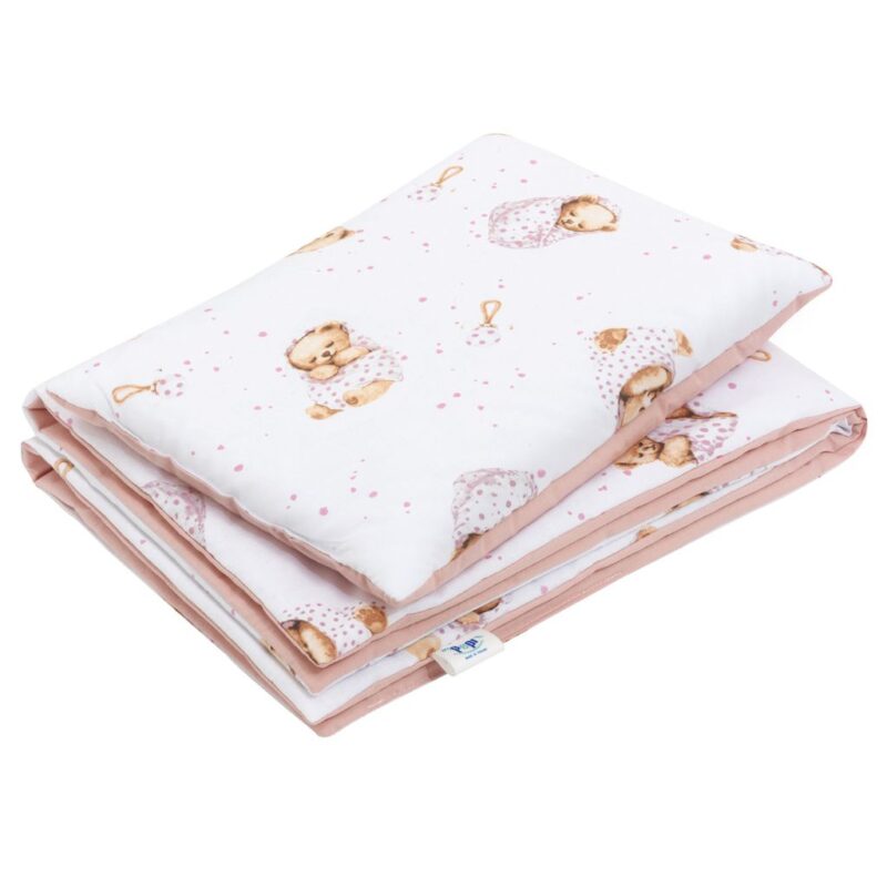 Zestaw poduszka 25x35 i kocyk 55x75 - White Sleeping Teddy Bear - bawełna