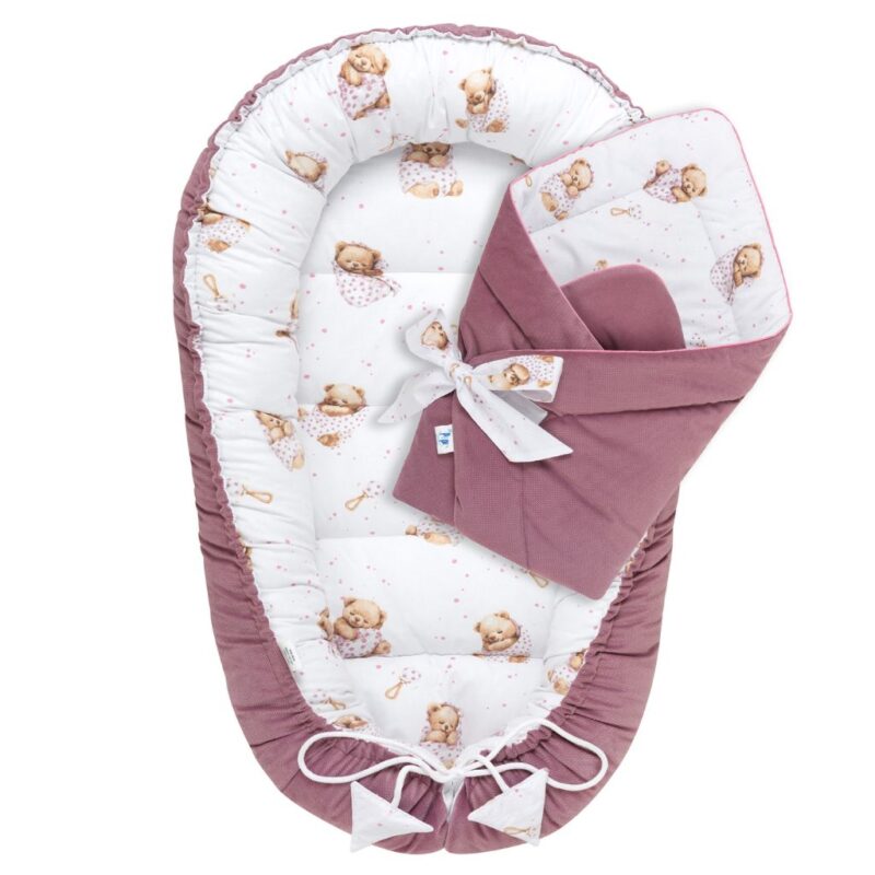 Zestaw kokon z rożkiem - White Sleeping Teddy Bear old rosa - bawełna/velvet