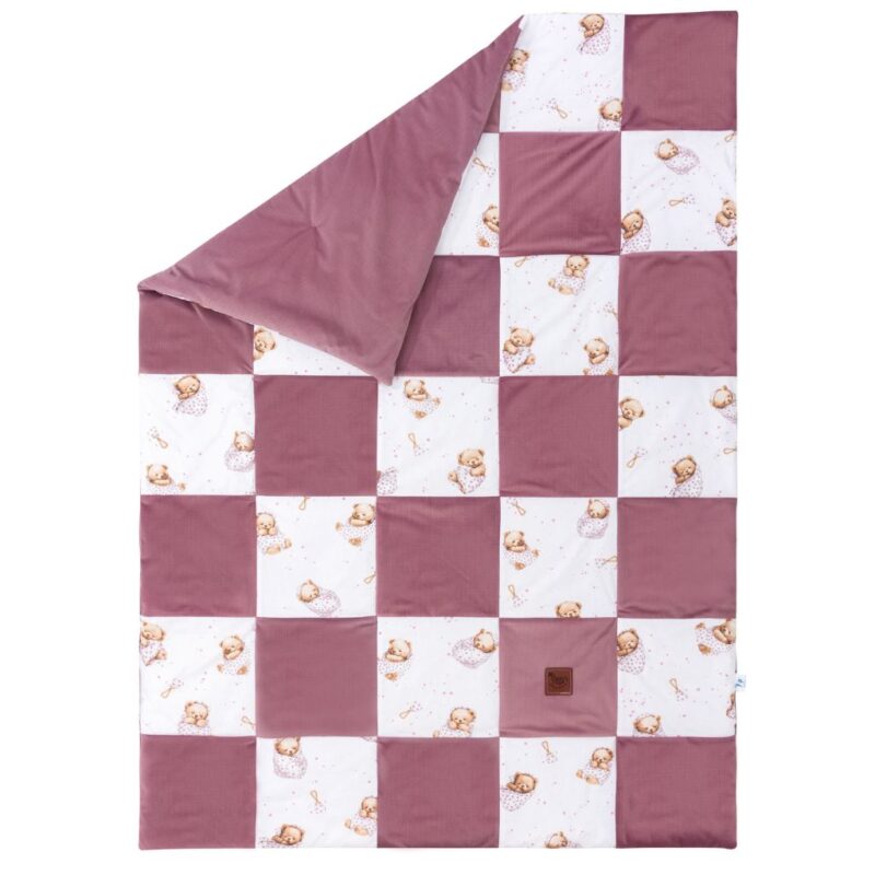 Kołderka patchwork 100×140 White Sleeping Teddy Bear z velvetem old rosa
