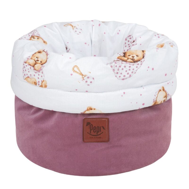 Koszyk Pojemnik z Materiału na Akcesoria dla Niemowlaka White Sleeping Teddy Bear z velvetem old rosa