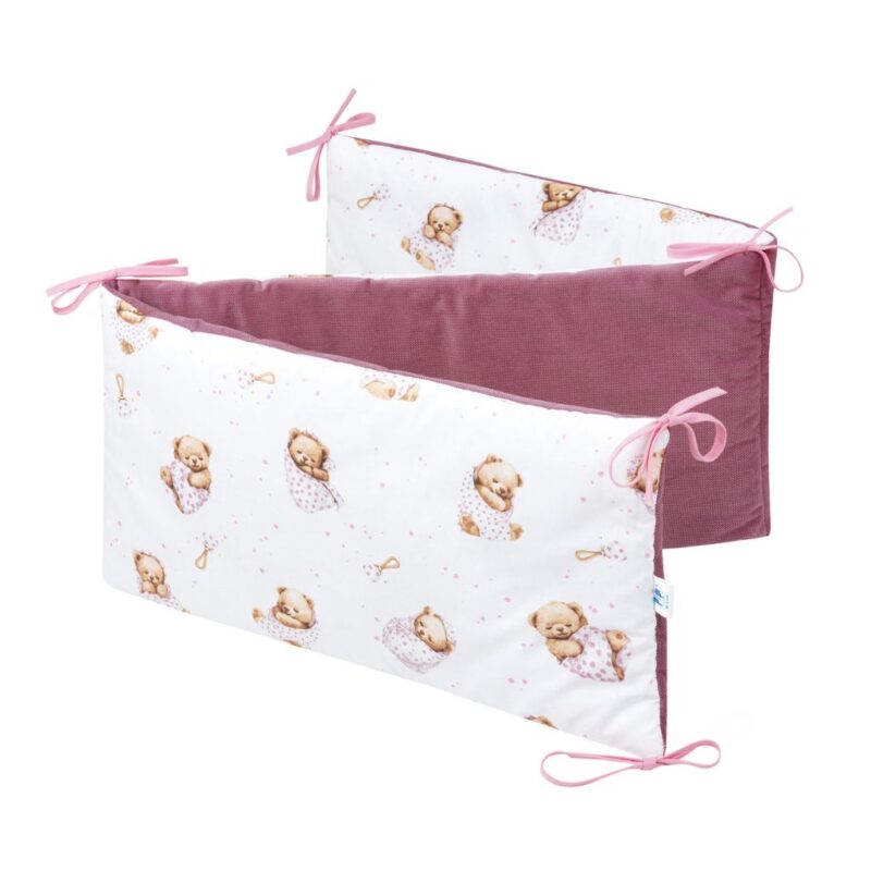 Ochraniacz do łóżeczka White Sleeping Teddy Bear z velvetem old rosa