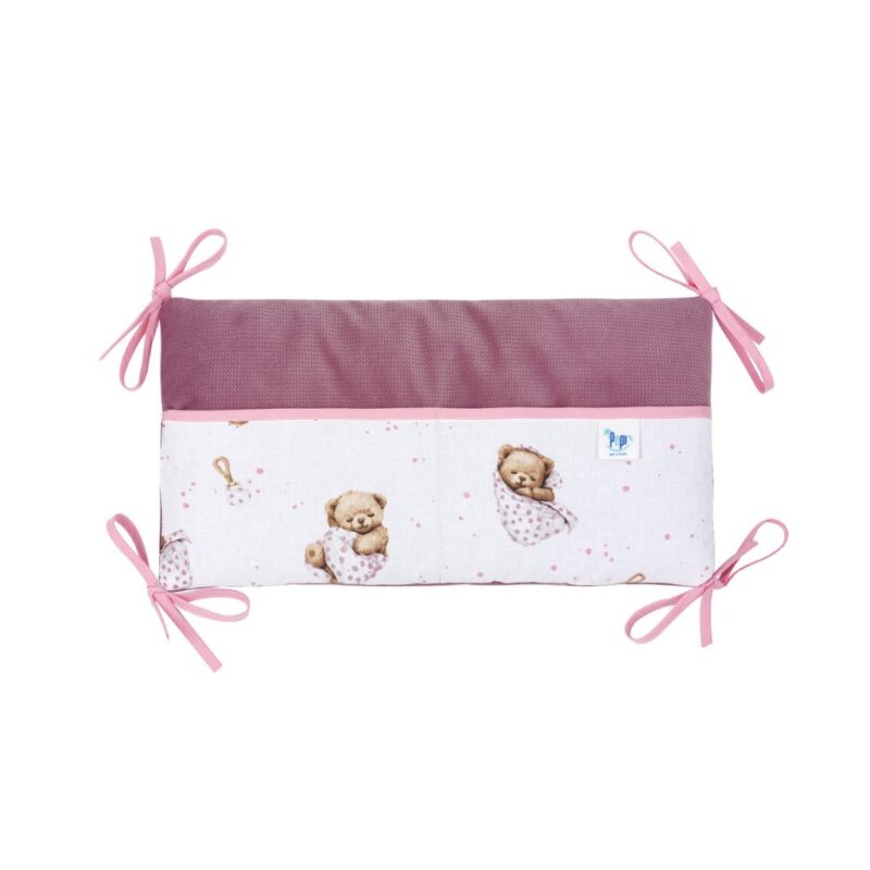 Bawełniany organizer do łóżeczka 42×22 White Sleeping Teddy Bear z velvetem old rosa