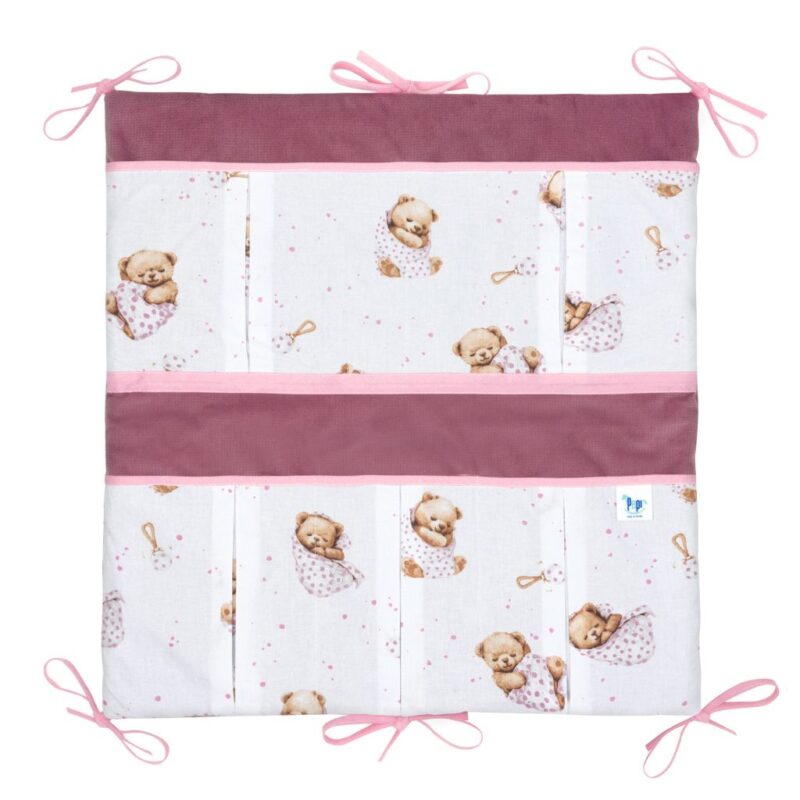 Bawełniany organizer do łóżeczka 52×52 White Sleeping Teddy Bear z velvetem old rosa