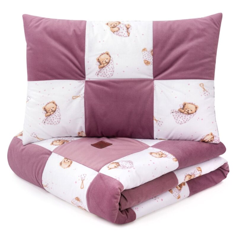 Kołderka patchwork 100×140 z płaską poduszką 40×60 White Sleeping Teddy Bear z velvetem