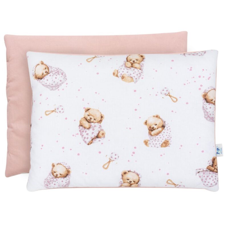 Zestaw poduszka 25x35 i kocyk 55x75 - White Sleeping Teddy Bear - bawełna - obrazek 2