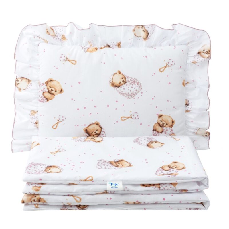 Zestaw pościeli z falbanką - poduszka 25×35 i kocyk 55×75 z bawełny z wypełnieniem - White Sleeping Teddy Bear