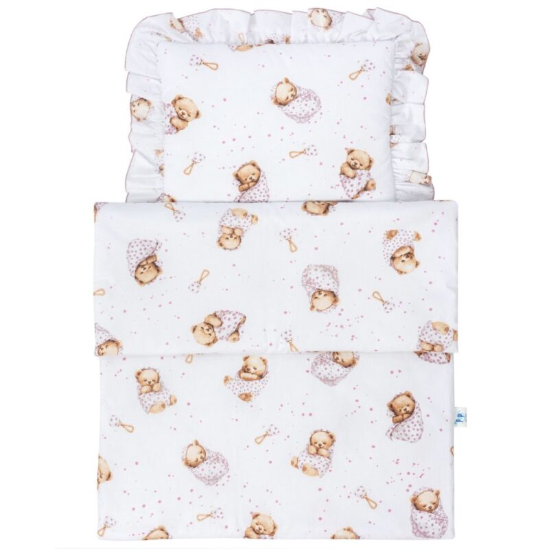 Zestaw pościeli z falbanką - poduszka 25×35 i kocyk 55×75 z bawełny z wypełnieniem - White Sleeping Teddy Bear - obrazek 2