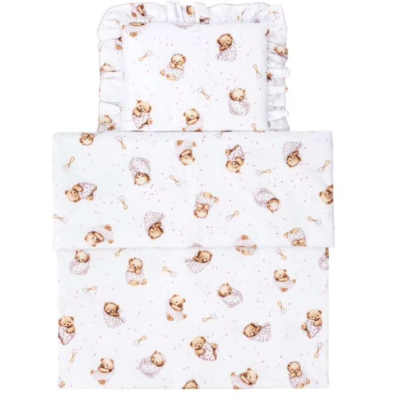 Zestaw pościeli z falbanką - poduszka 30×40 i kocyk 75×100 z bawełny z wypełnieniem - White Sleeping Teddy Bear - obrazek 2