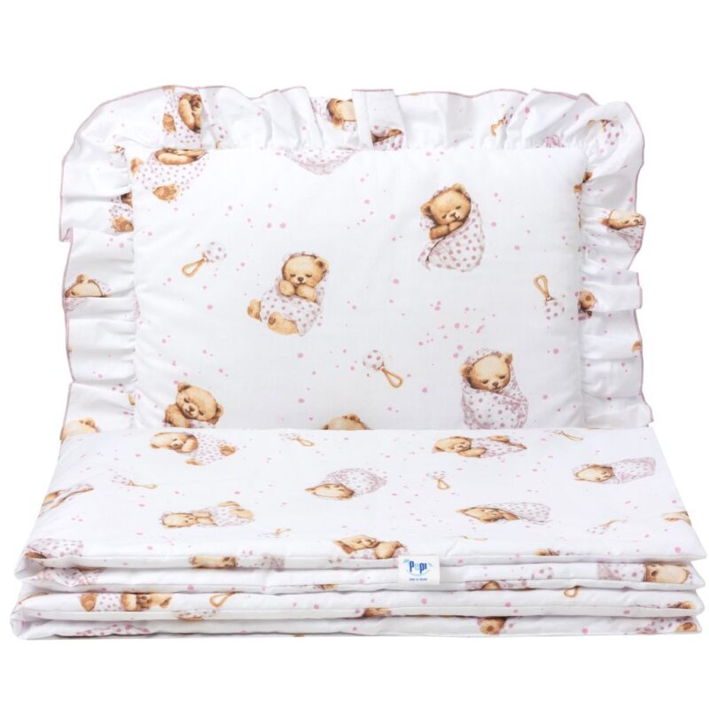 Zestaw pościeli z falbanką - poduszka 30×40 i kocyk 75×100 z bawełny z wypełnieniem - White Sleeping Teddy Bear