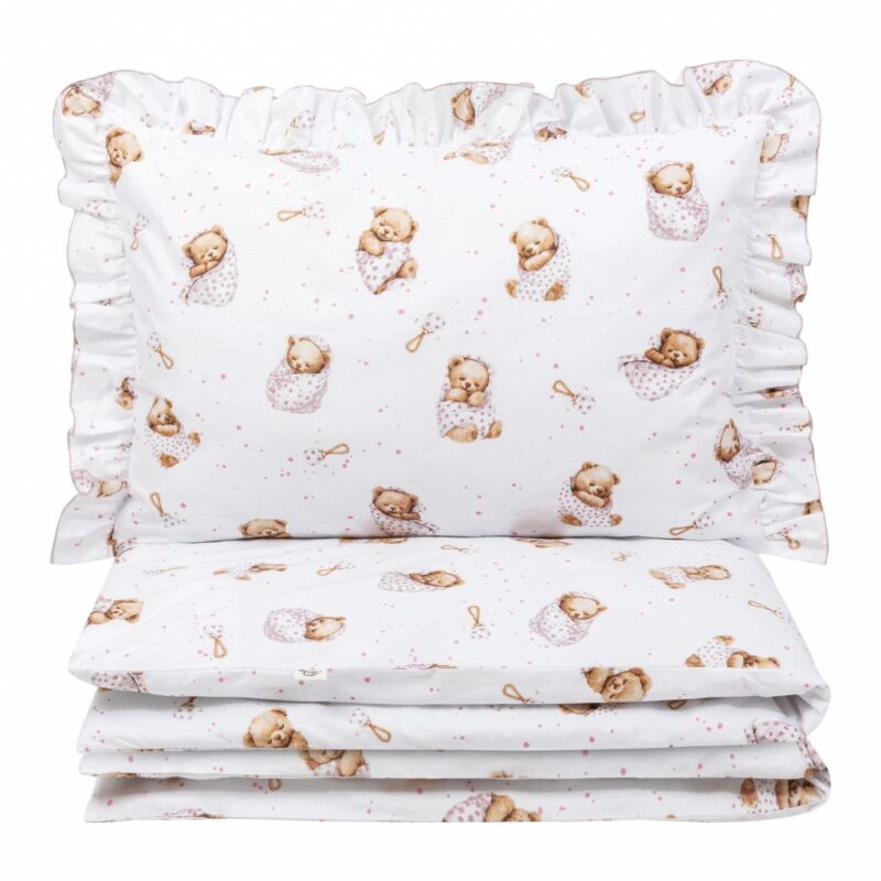 Komplet pościeli z falbanką - poszewka 40x60 i poszwa 100x135 White Sleeping Teddy Bear