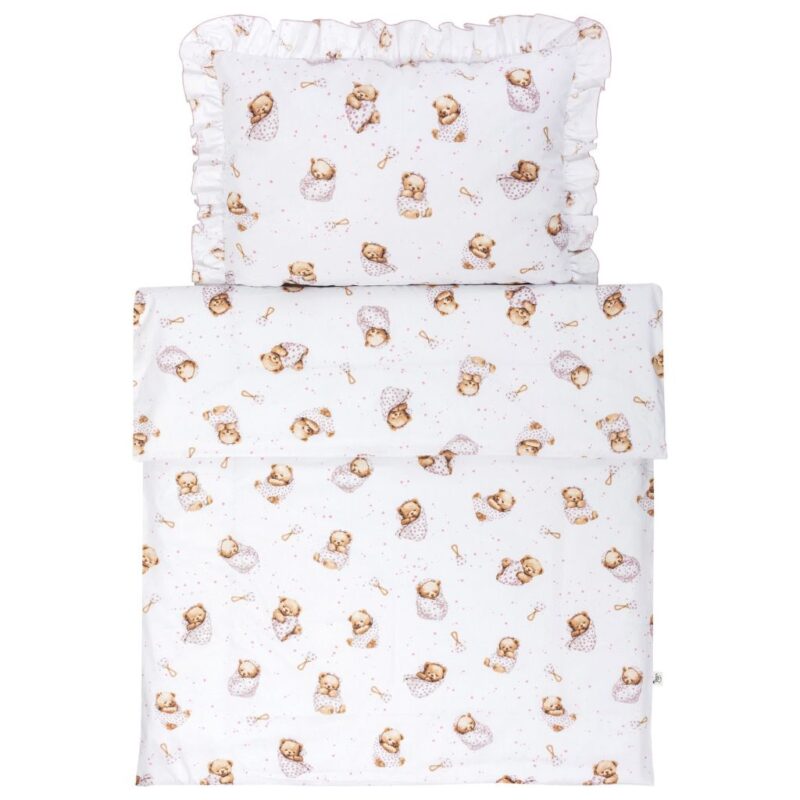 Komplet pościeli z falbanką - poszewka 40x60 i poszwa 100x135 White Sleeping Teddy Bear - obrazek 2