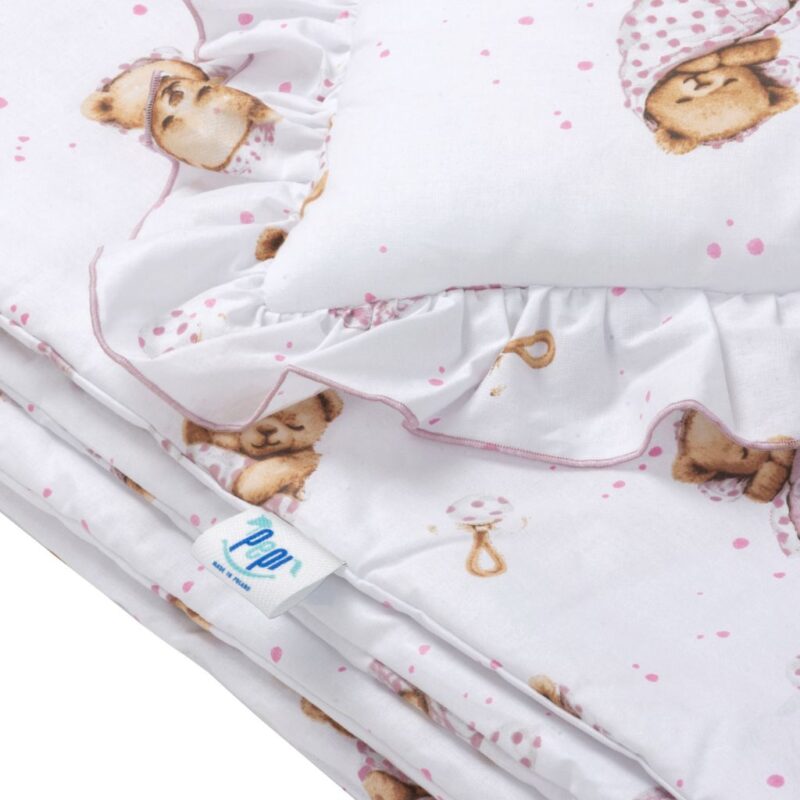 Komplet pościeli z falbanką - poszewka 40x60 i poszwa 100x135 White Sleeping Teddy Bear - obrazek 3