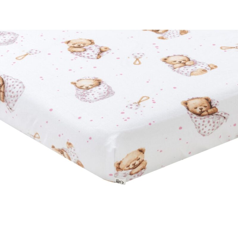 Bawełniane prześcieradło z gumką do łóżeczka 60x120 White Sleeping Teddy Bear - obrazek 2