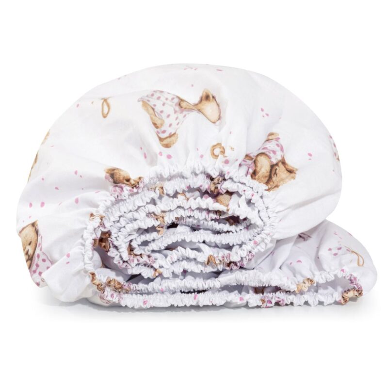 Bawełniane prześcieradło z gumką do łóżeczka 60x120 White Sleeping Teddy Bear