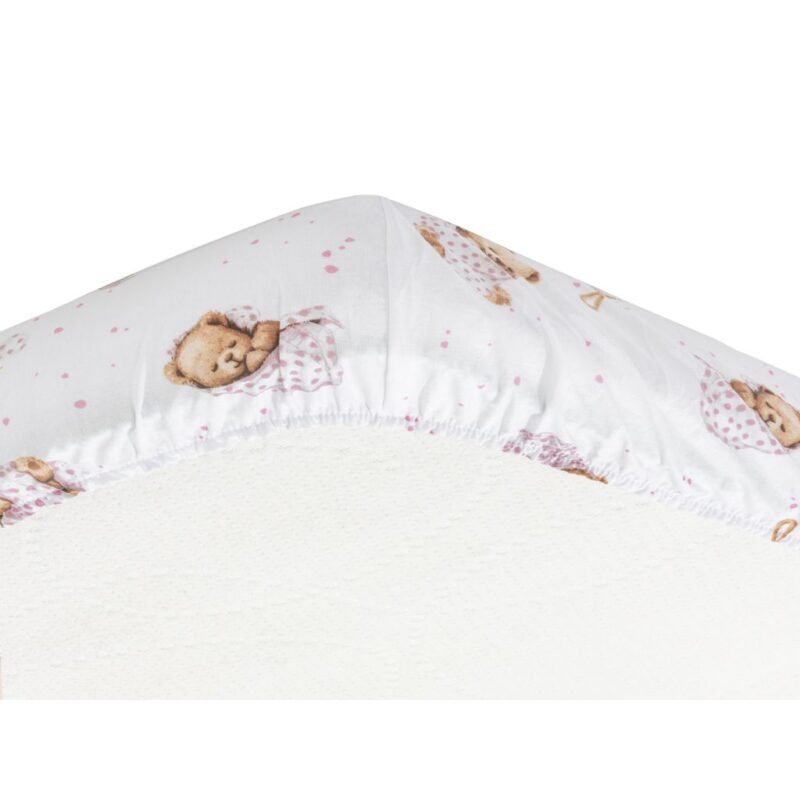 Bawełniane prześcieradło z gumką do łóżeczka 60x120 White Sleeping Teddy Bear - obrazek 3