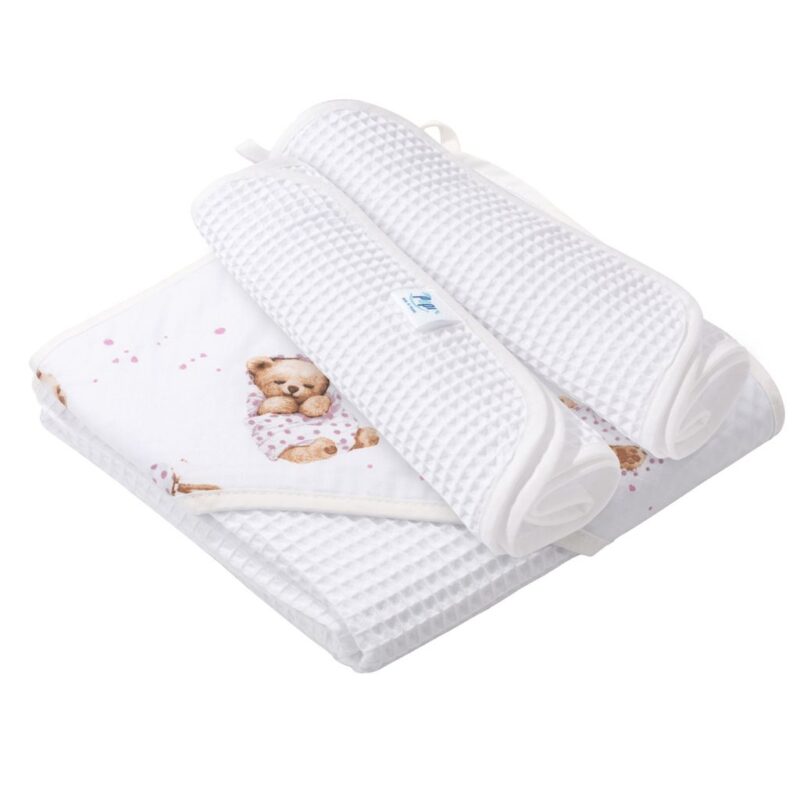 Zestaw kąpielowy ręcznik z kapturem ivory i 2 małe ręczniki White Sleeping Teddy Bear
