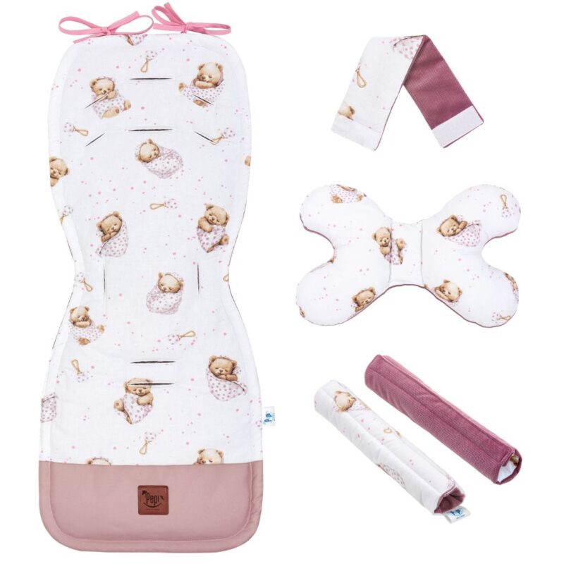 Wkładka do spacerówki - zestaw 5w1 - White Sleeping Teddy Bear - bawełna/velvet