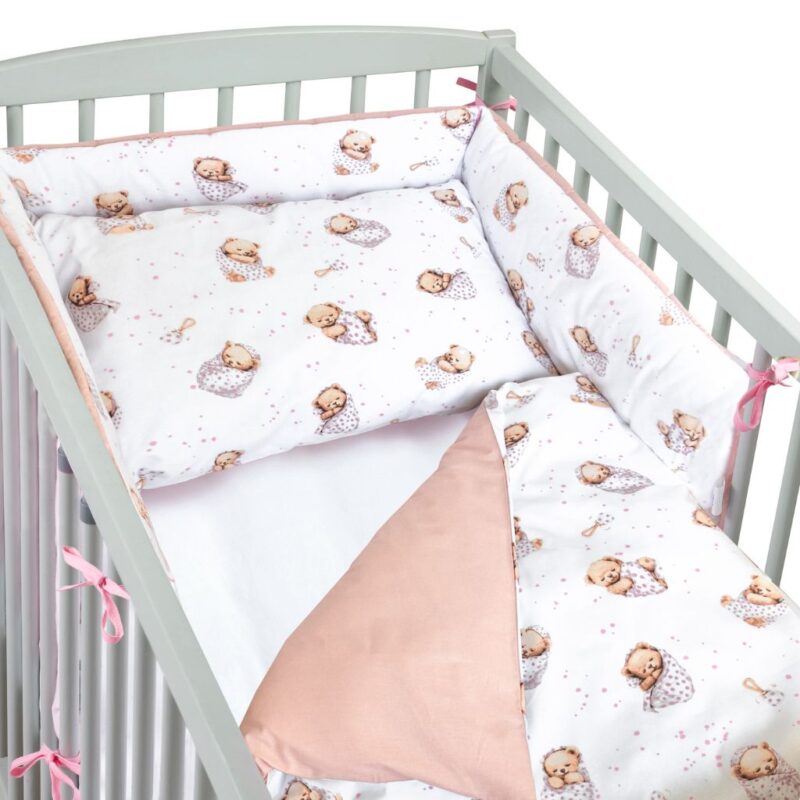 Zestaw 4-elementowy pościeli do łóżeczka 90×120 z prześcieradłem i ochraniaczem White Sleeping Teddy Bear