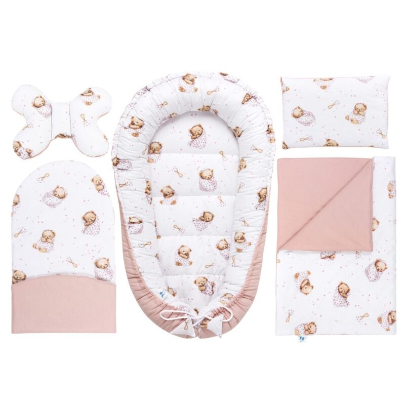 Wyprawka niemowlęca 5-elementowa - White Sleeping Teddy Bear - bawełna